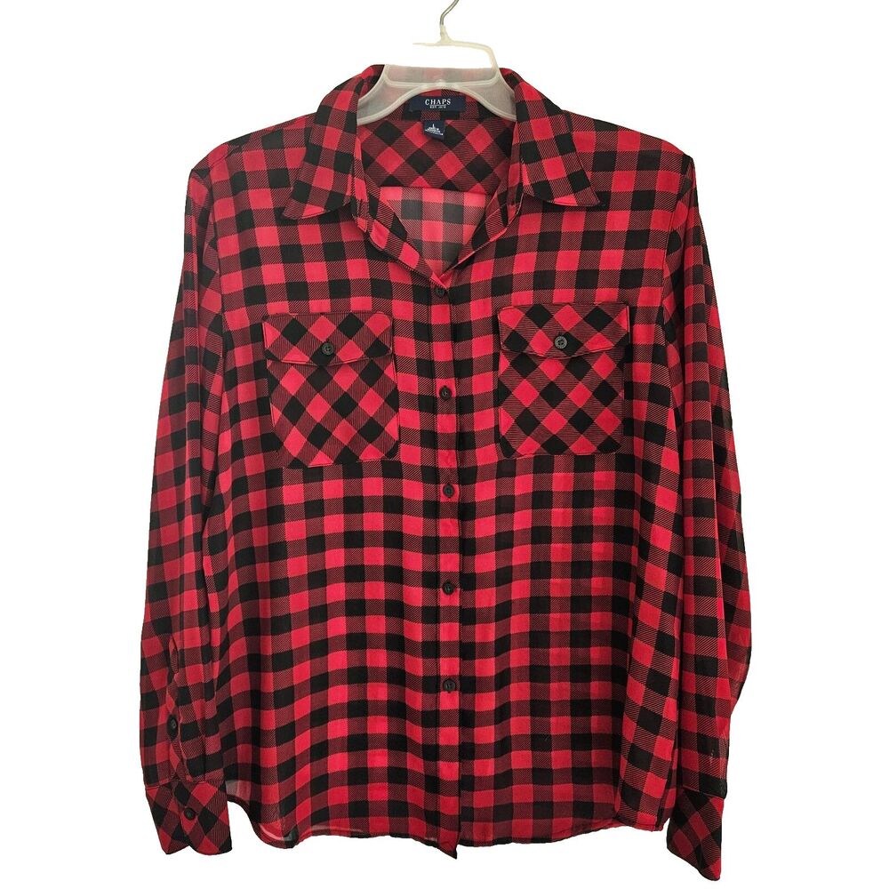 Chaps Shirt Womens Large Black Red Plaid Ltwt Button-Up Western Outdoor Top